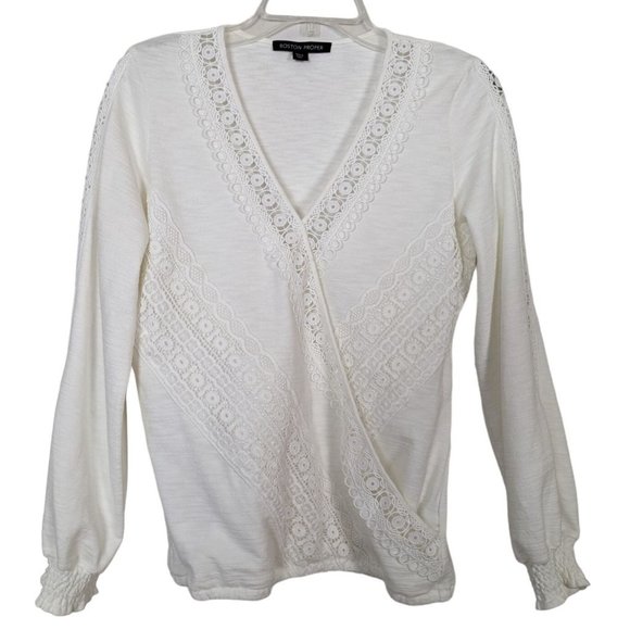 Boston Proper V neck long sleeve faux wrap front white blouse with lace Sz S - Picture 10 of 11